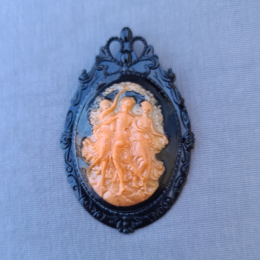 Dancing Ladies, Orange & Black Brooch, Vintage, Goth Style