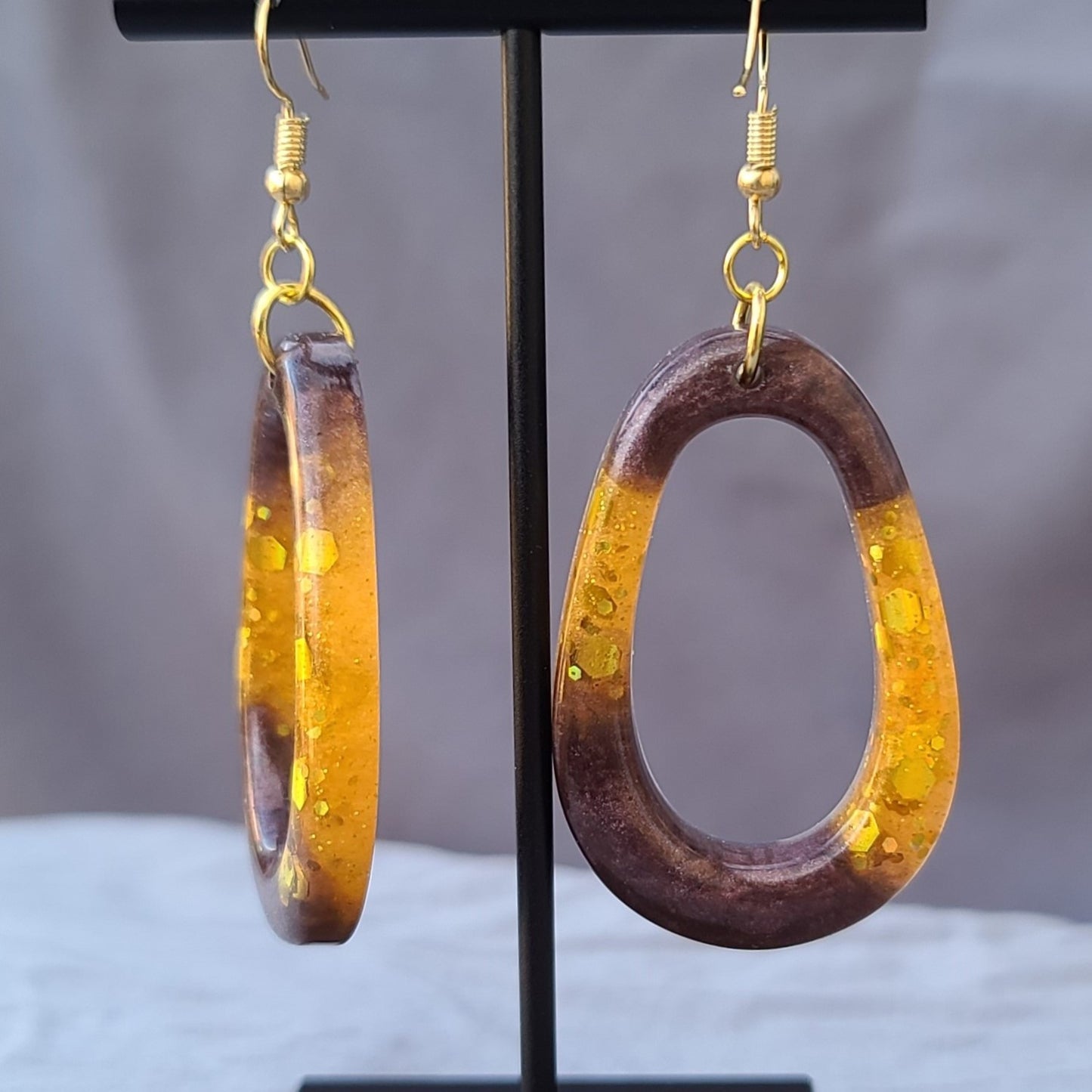 Golden Yellow & Brown Teardrop Hoop Dangle Earrings