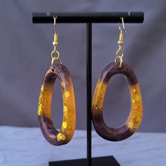 Golden Yellow & Brown Teardrop Hoop Dangle Earrings
