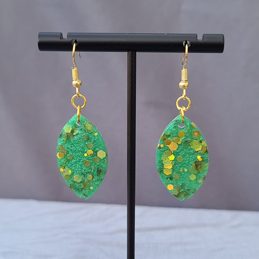 Green With Gold Glitter Leaf Dangle Earrings