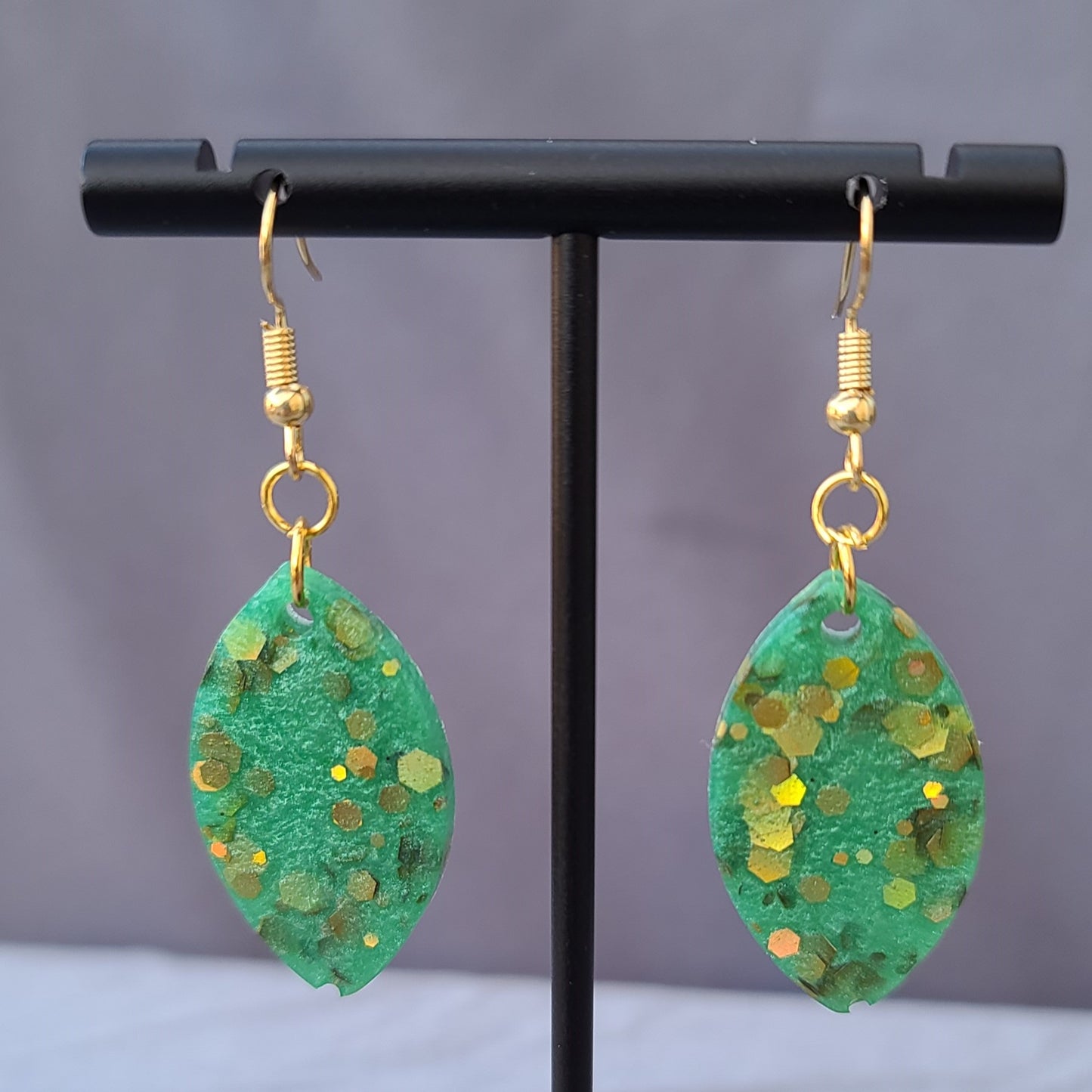 Green With Gold Glitter Leaf Dangle Earrings