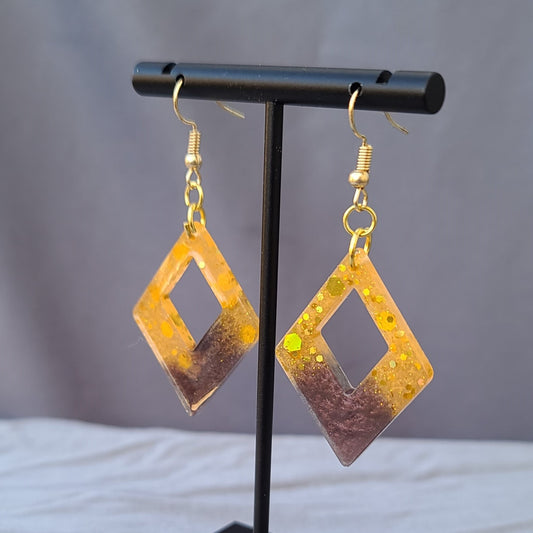 Golden Yellow & Brown Glitter Triangle Diamond Dangle Earrings