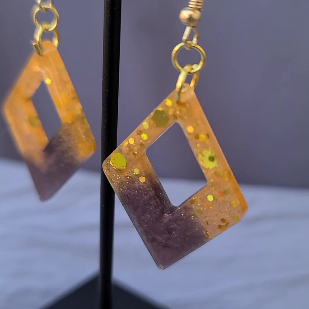 Golden Yellow & Brown Glitter Triangle Diamond Dangle Earrings