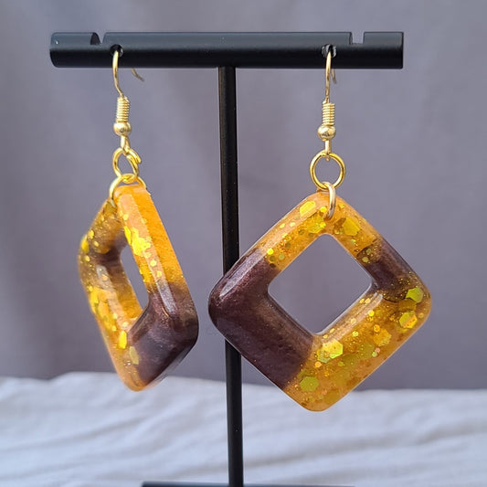 Golden Yellow & Brown Glitter Diamond Shaped Dangle Earrings