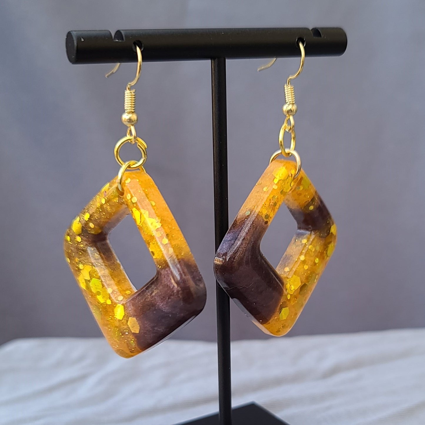 Golden Yellow & Brown Glitter Diamond Shaped Dangle Earrings