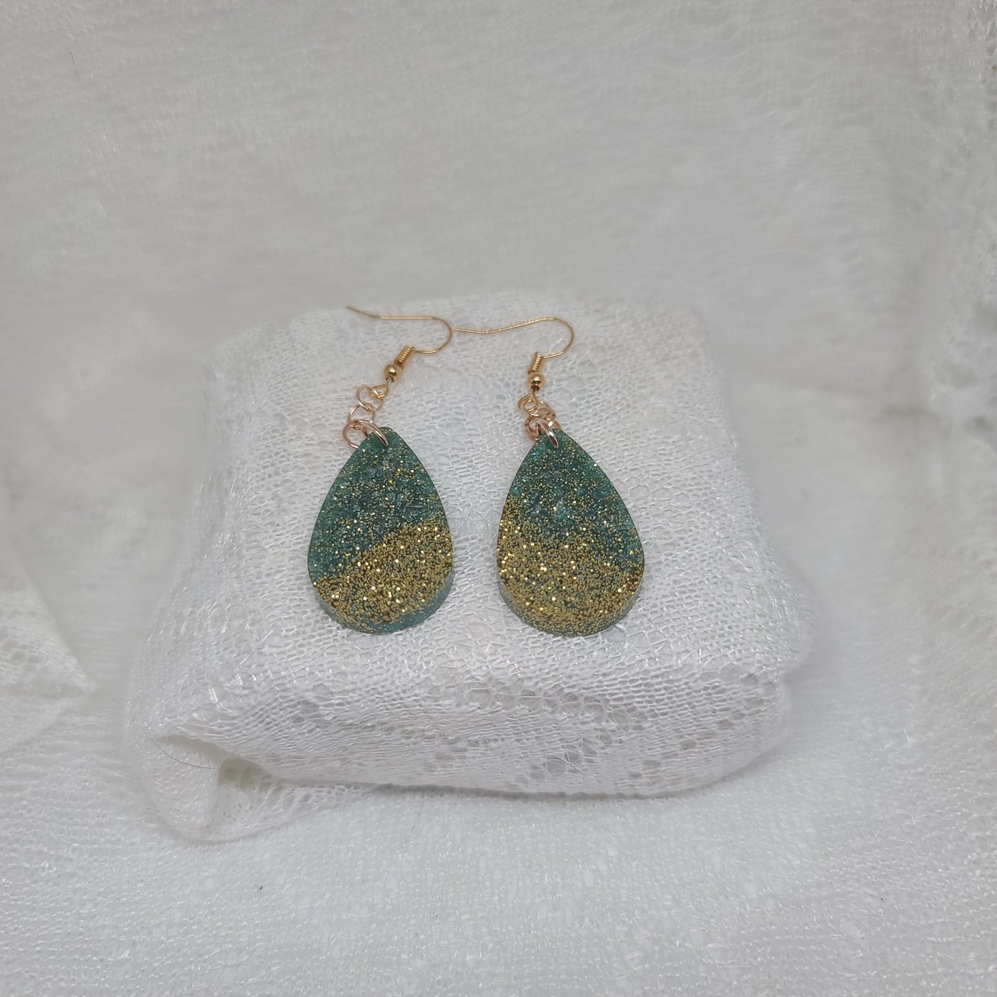 Green and Gold Glitter Teardrop Earrings