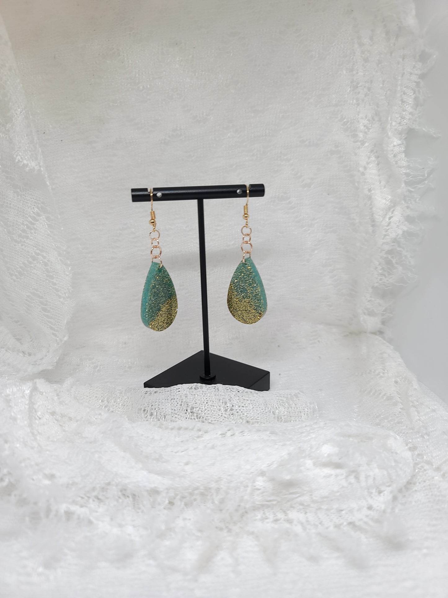Green and Gold Glitter Teardrop Earrings