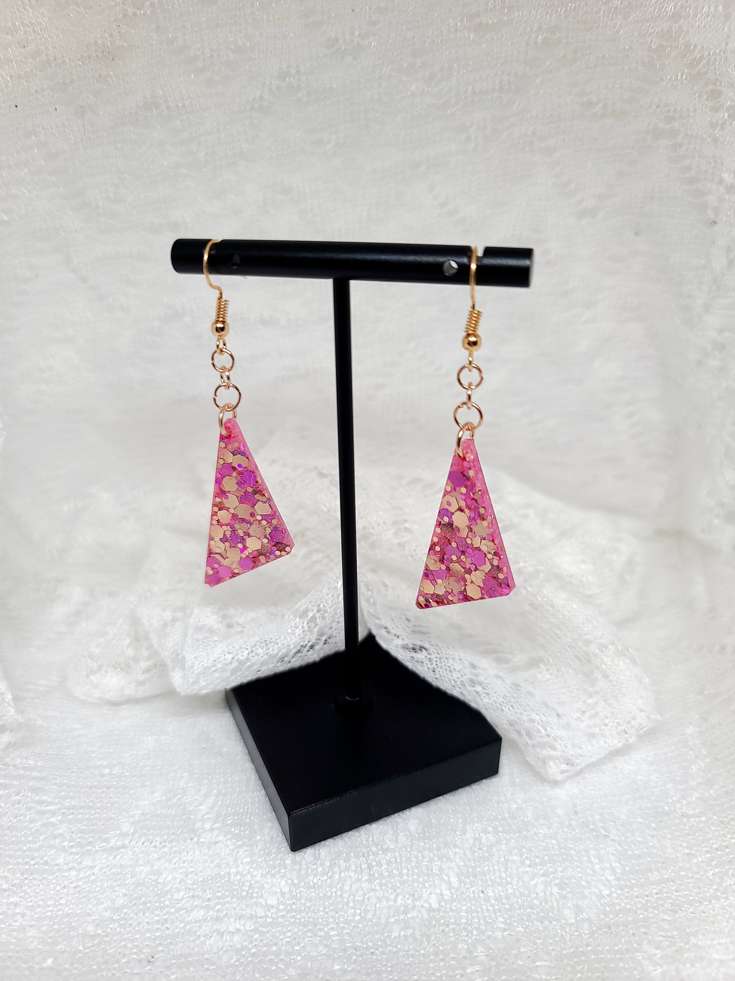 Pink Glitter Triangle Dangle Earrings