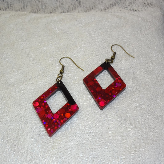 Red Glitter & Black Triangle Diamond Shape Dangle Earrings