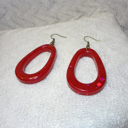 Red Glitter Teardrop Dangle Hoop Earrings