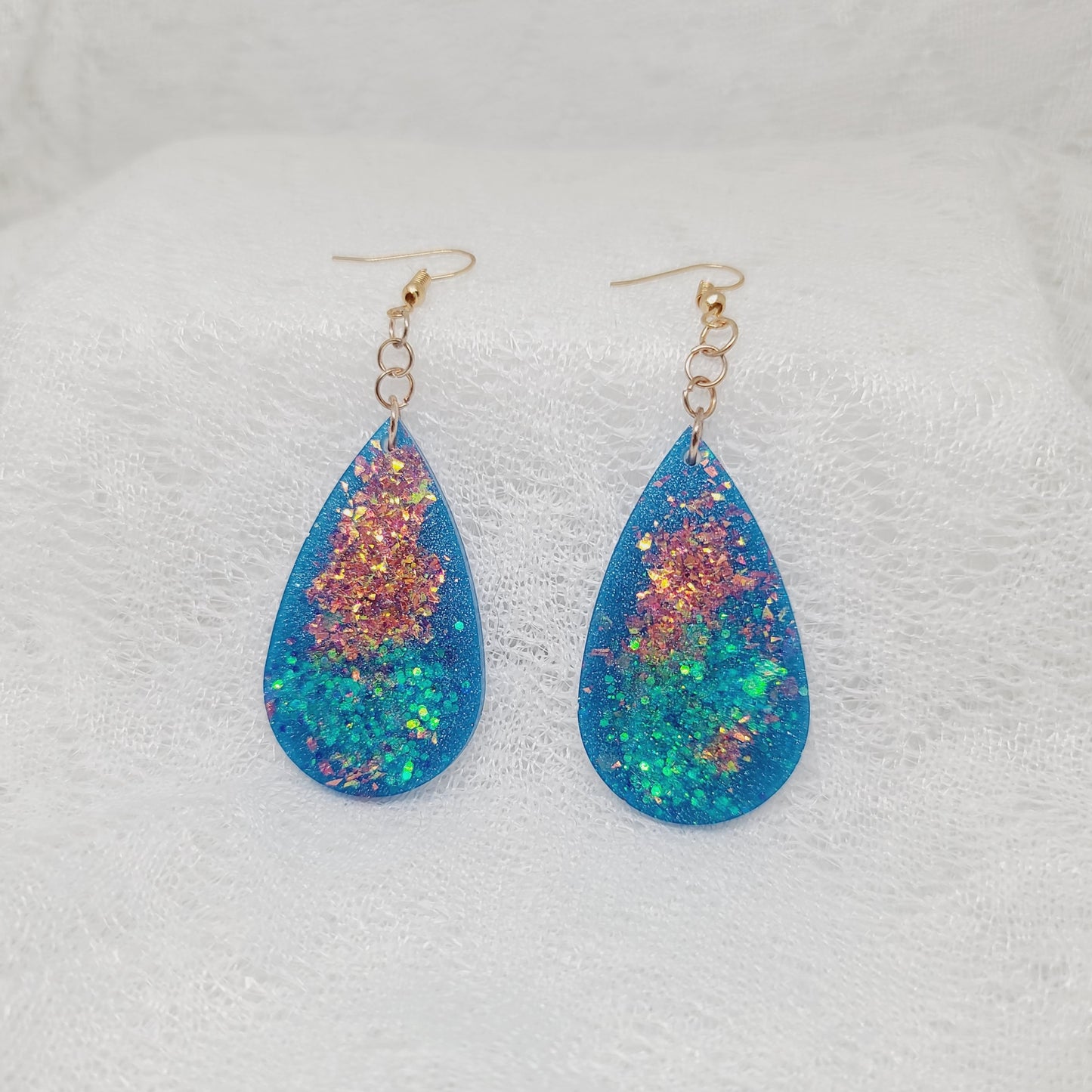 Blue, Pink/Rose Golden Teardrop Dangle Earrings