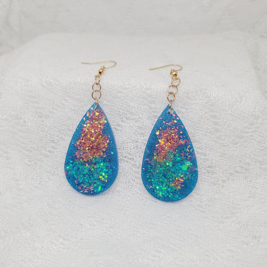 Blue, Pink/Rose Golden Teardrop Dangle Earrings