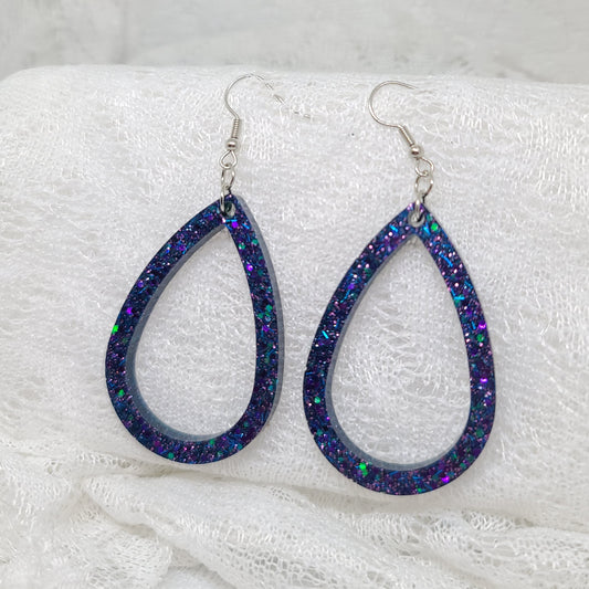 Galaxy Purple, Black & Blue Teardrop Hoop Dangle Earrings