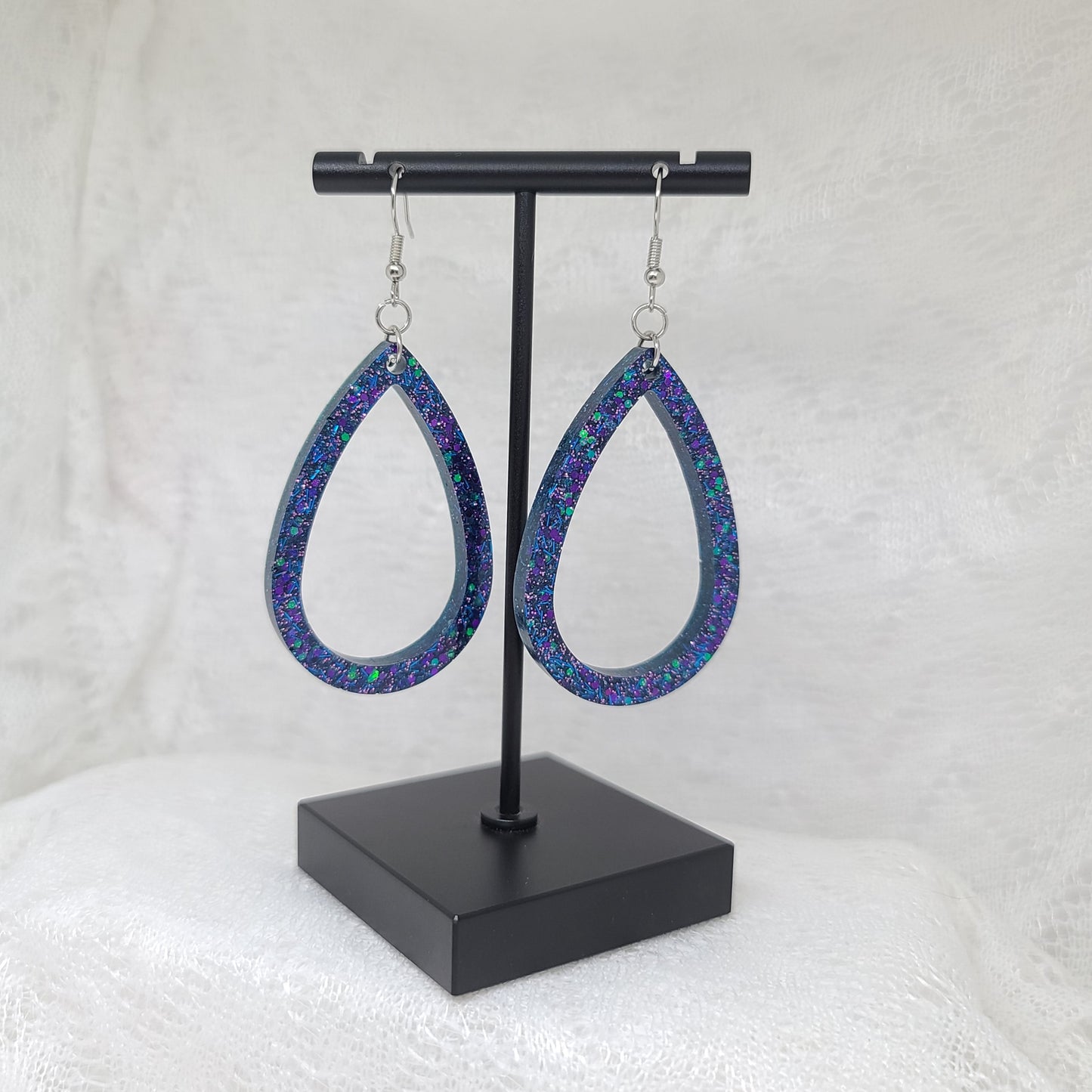 Galaxy Purple, Black & Blue Teardrop Hoop Dangle Earrings