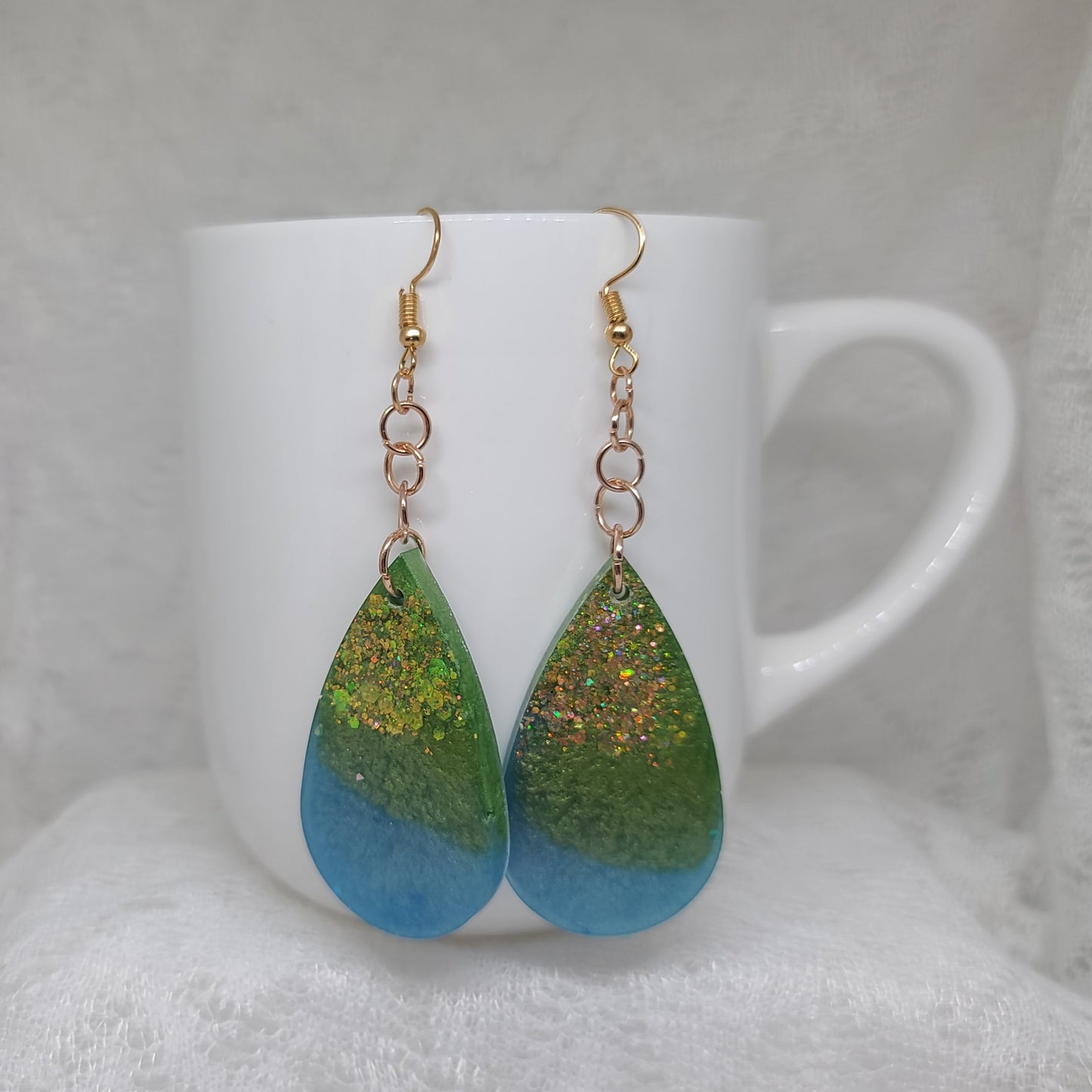 Gold Glitter, Green & Blue Teardrop Dangle Earrings