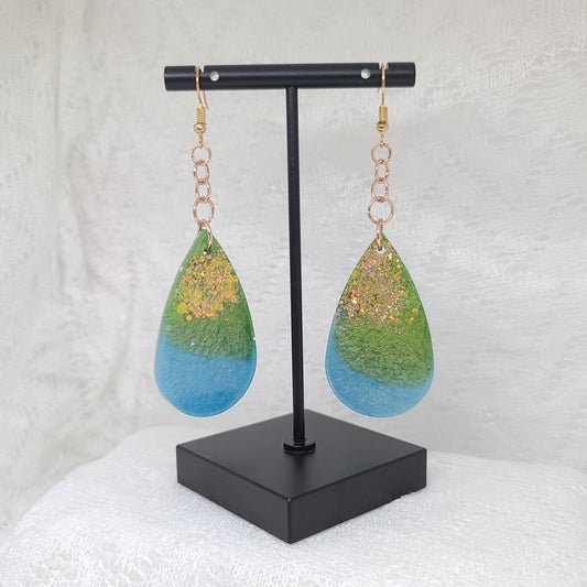 Gold Glitter, Green & Blue Teardrop Dangle Earrings