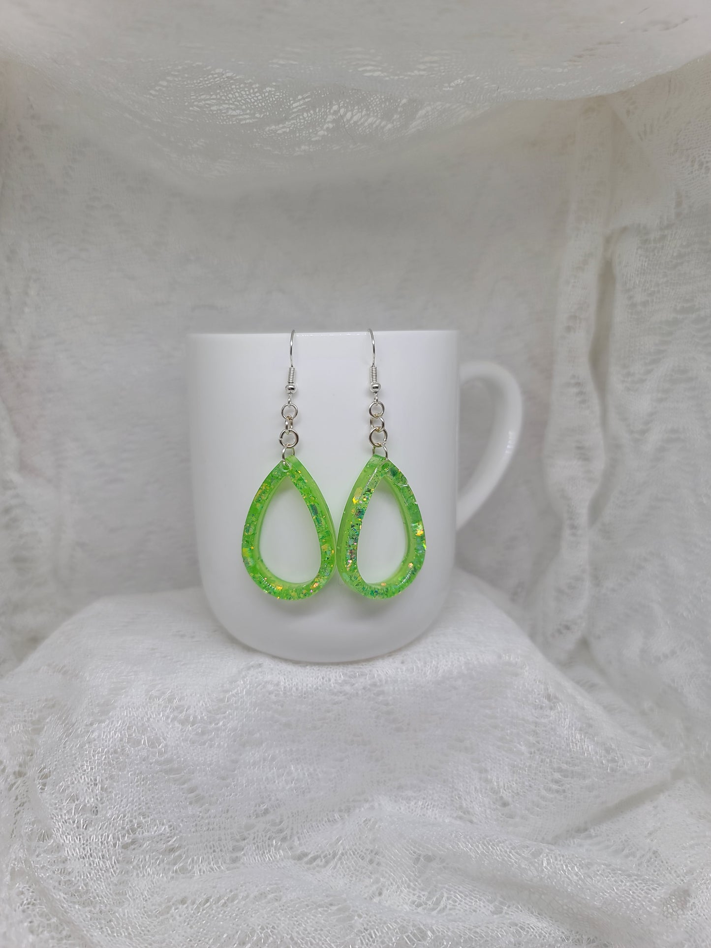 Lime Green Glitter Teardrop Hoop Earrings