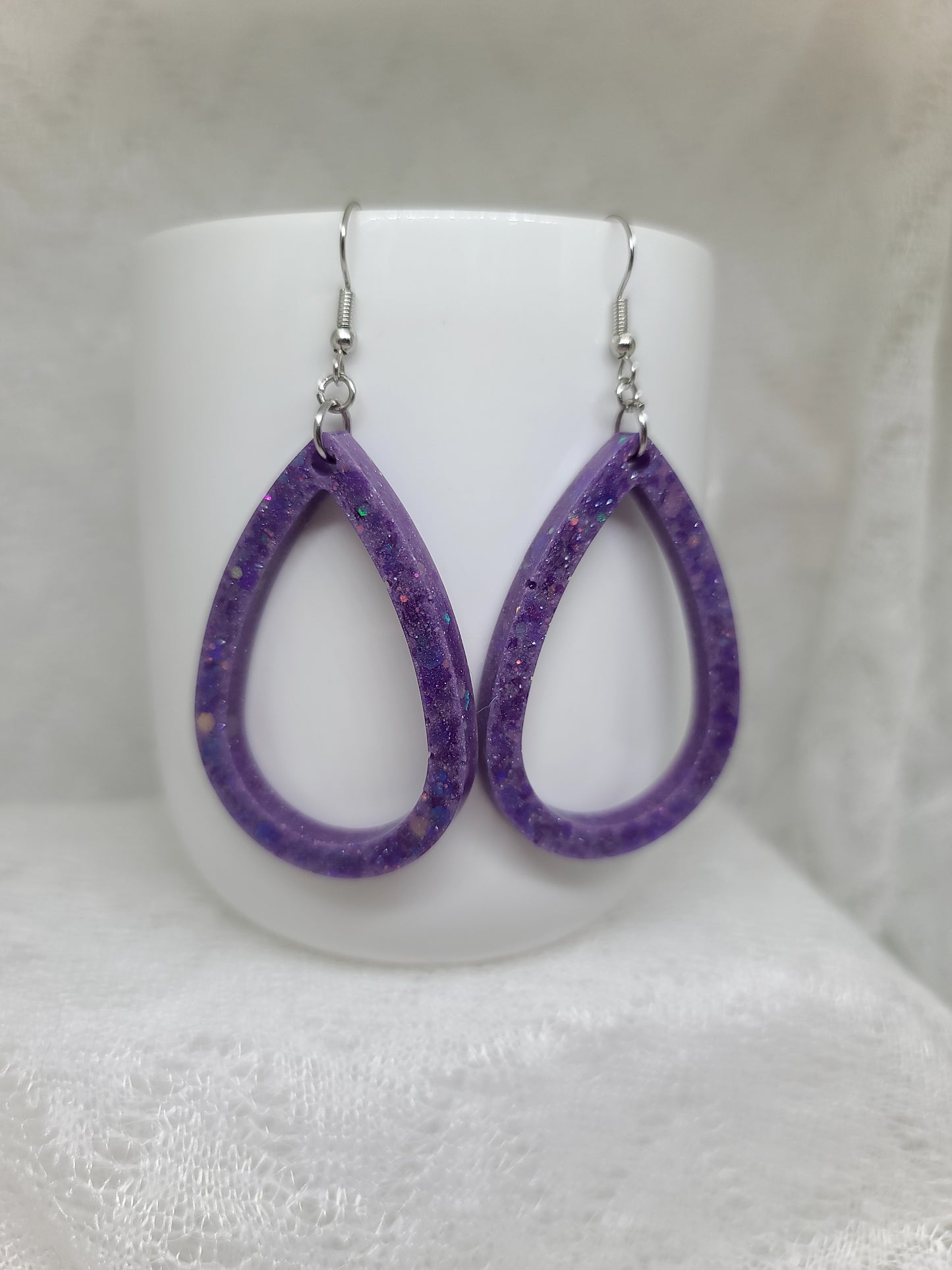 Purple Glitter Teardrop Hoop Earrings