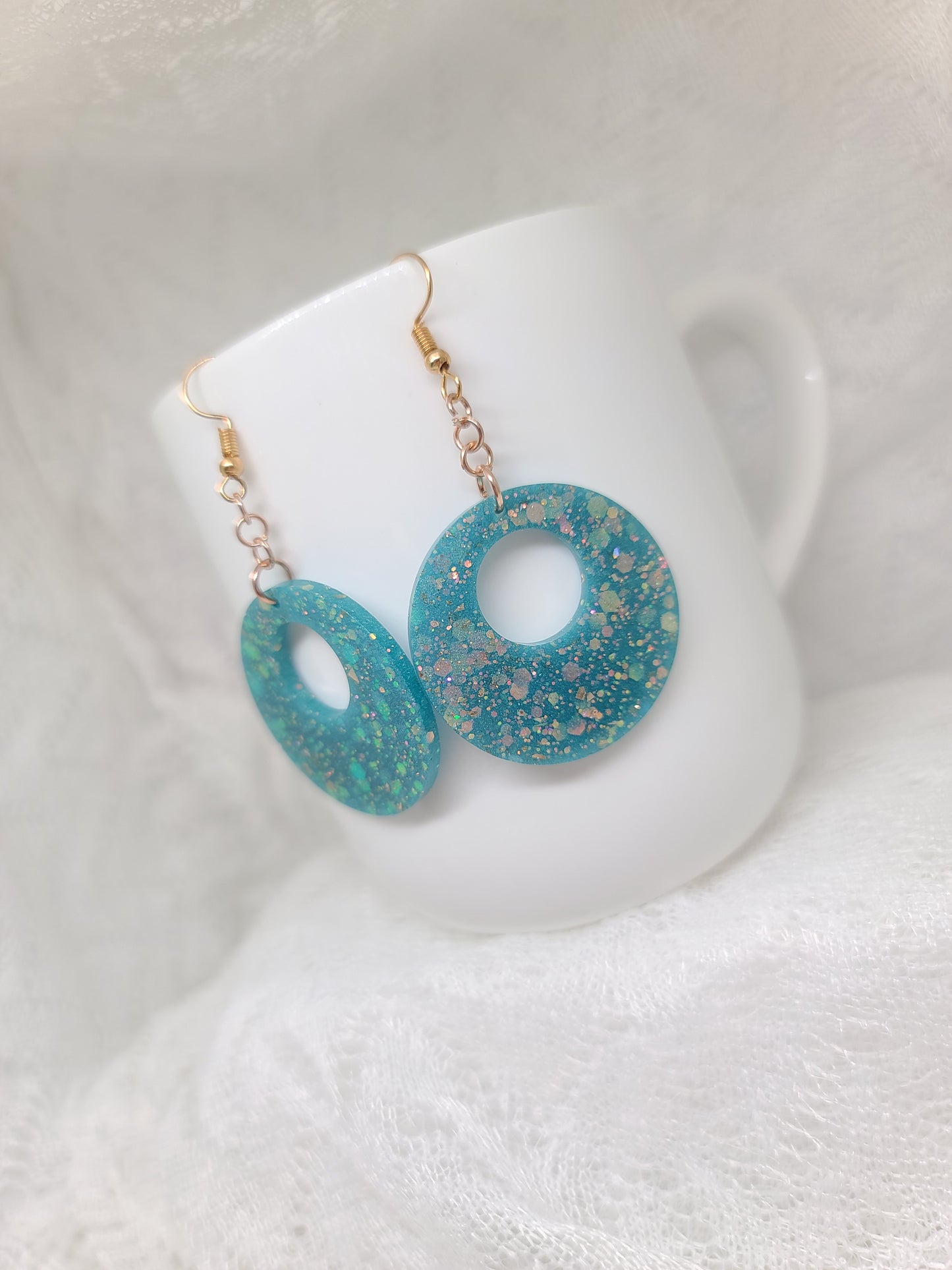 Teal Green, Chunky Iridescent Glitter Round Dangle Earring