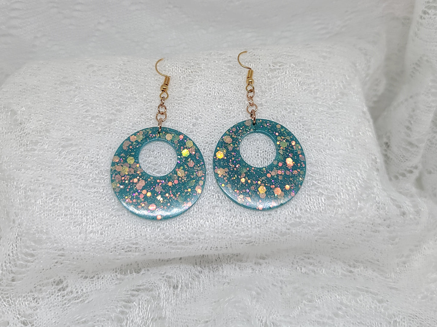 Teal Green, Chunky Iridescent Glitter Round Dangle Earring