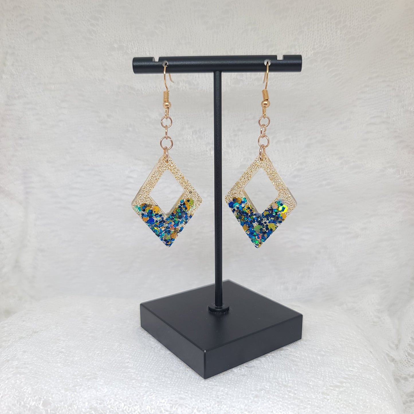Gold & Blue Chunky Glitter Triangle Dangle Earrings