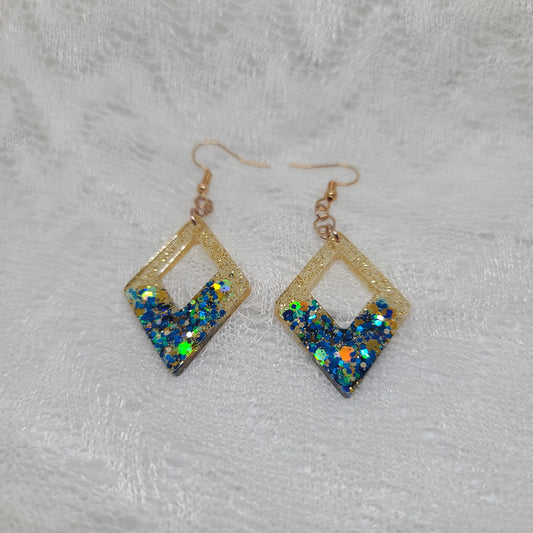 Gold & Blue Chunky Glitter Triangle Dangle Earrings