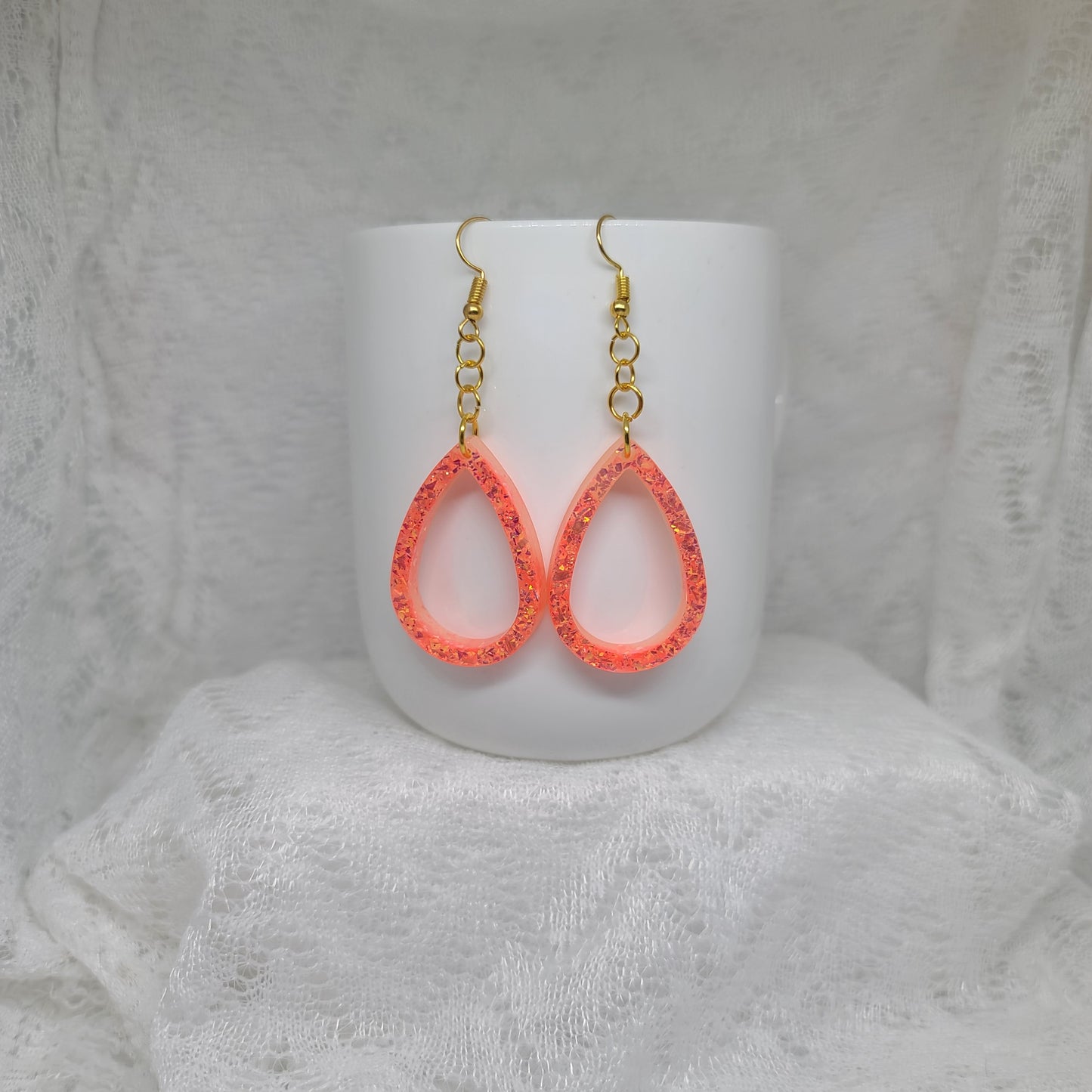 Neon Orange Glitter Hoop Teardrop Dangles