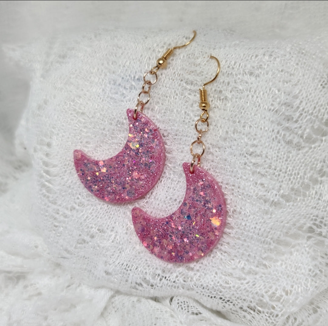 Pink Chunky Glitter Moon Dangle Earrings