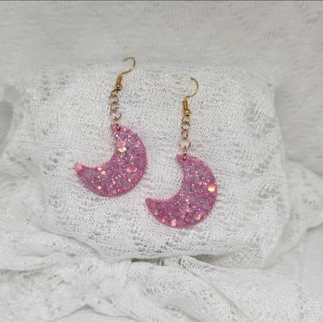 Pink Chunky Glitter Moon Dangle Earrings