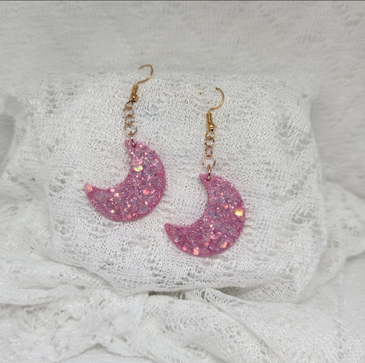 Pink Chunky Glitter Moon Dangle Earrings